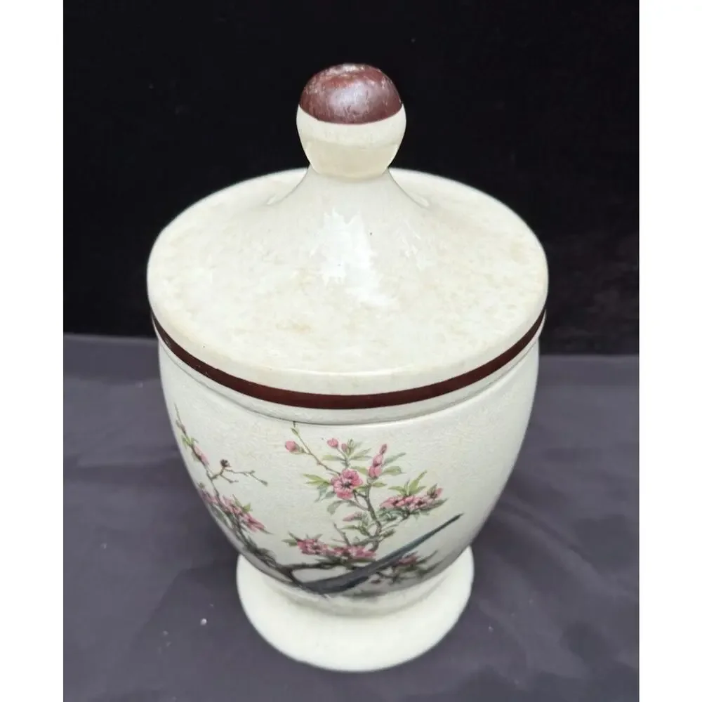 Antique Porcelain Jar & Lid With Bird & Cherry Blossom Tree Marked USA